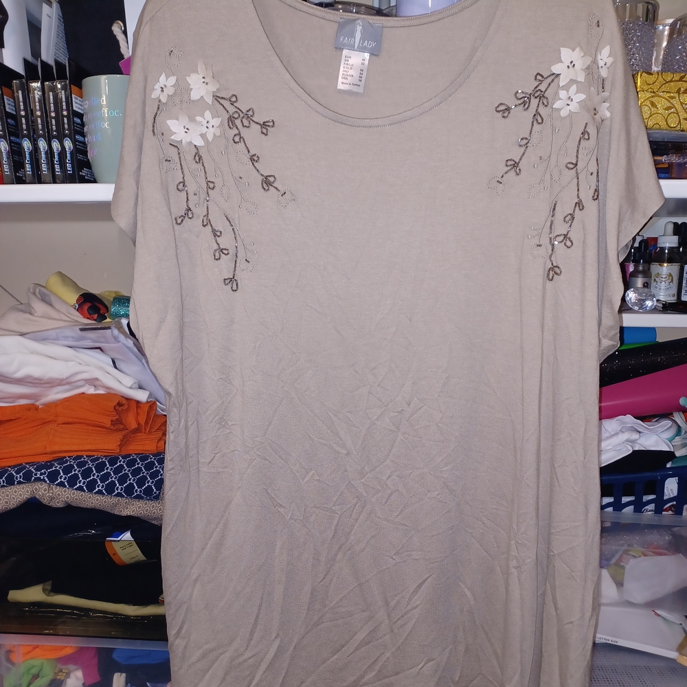 Tan Floral Embroidered Women's Top